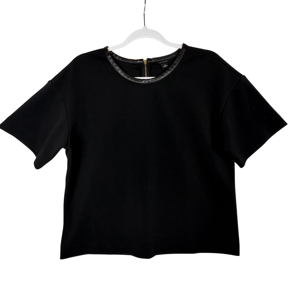 Ann Taylor Ponte Knit Top Faux Leather Trim Back Zip Women Medium Black